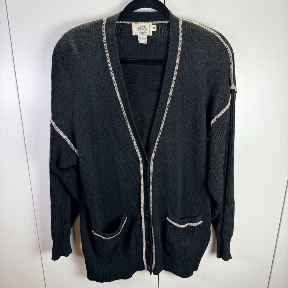 VTG Evan Picone Black Silk Cotton‎ Blend Cardigan Sweater Medium Minimalist Cozy